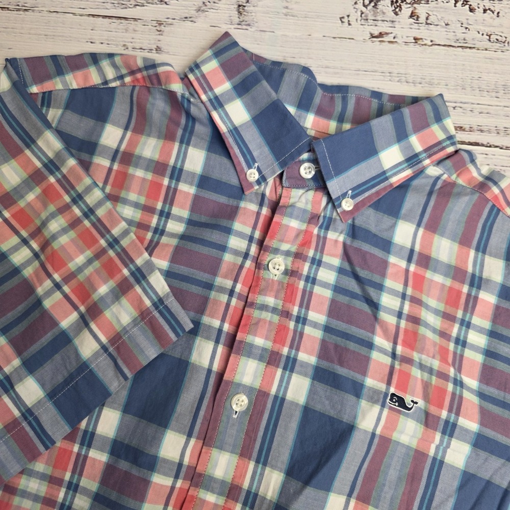Vineyard Vines Classic Fit Whale Shirt‎ Short Sleeve Mens Large Pink Blue Plaid